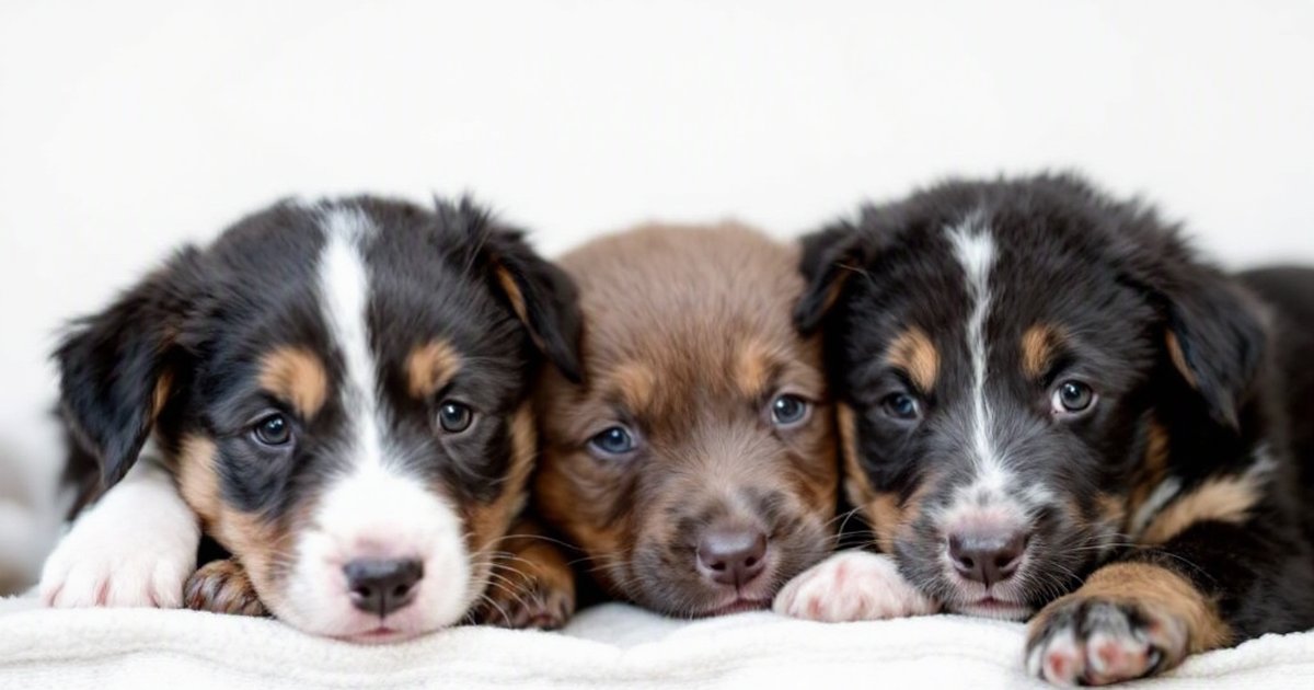 Three young puppies from the same litter at a veterinary clinic, with a vet in the background
