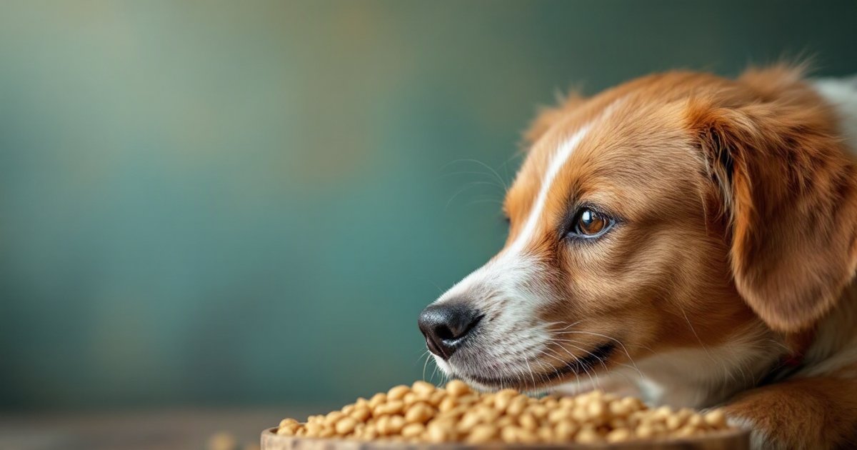 Dog eating from a bowl next to grains of rye, triticale, and wheat
