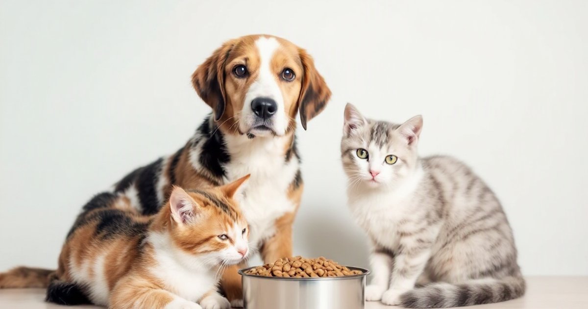 Happy dog and cat sitting together with a bowl of food, representing pet gut health and digestion