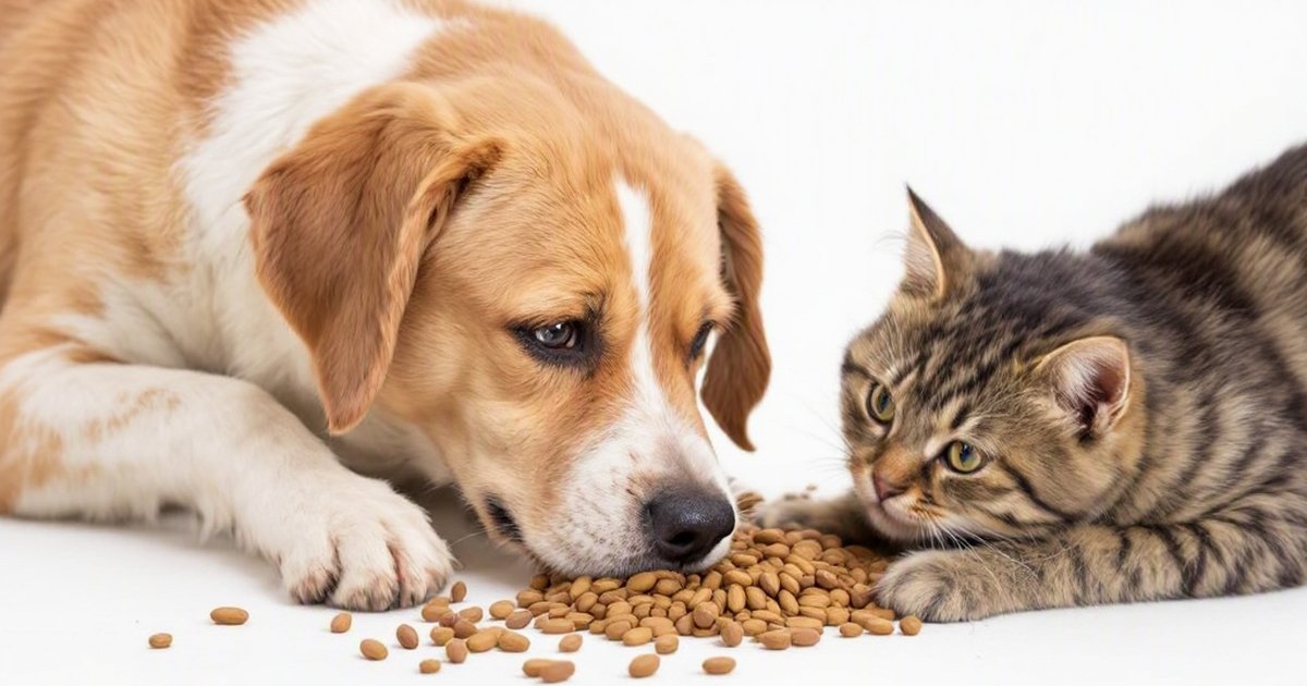 Dog and cat sitting beside a food bowl, representing improved pet digestive health and stool quality