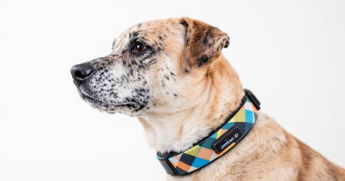 Overweight Labrador wearing a smart activity collar during a walk with its owner outdoors