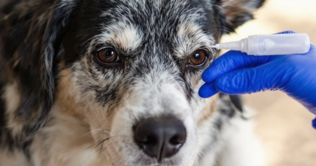 Veterinarian applying eye drops to a dog's eye during an examination for corneal infection