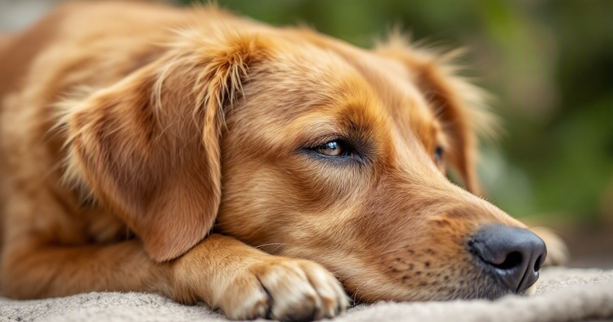 Unspayed female dog resting with slightly swollen belly, showing signs of false pregnancy at home