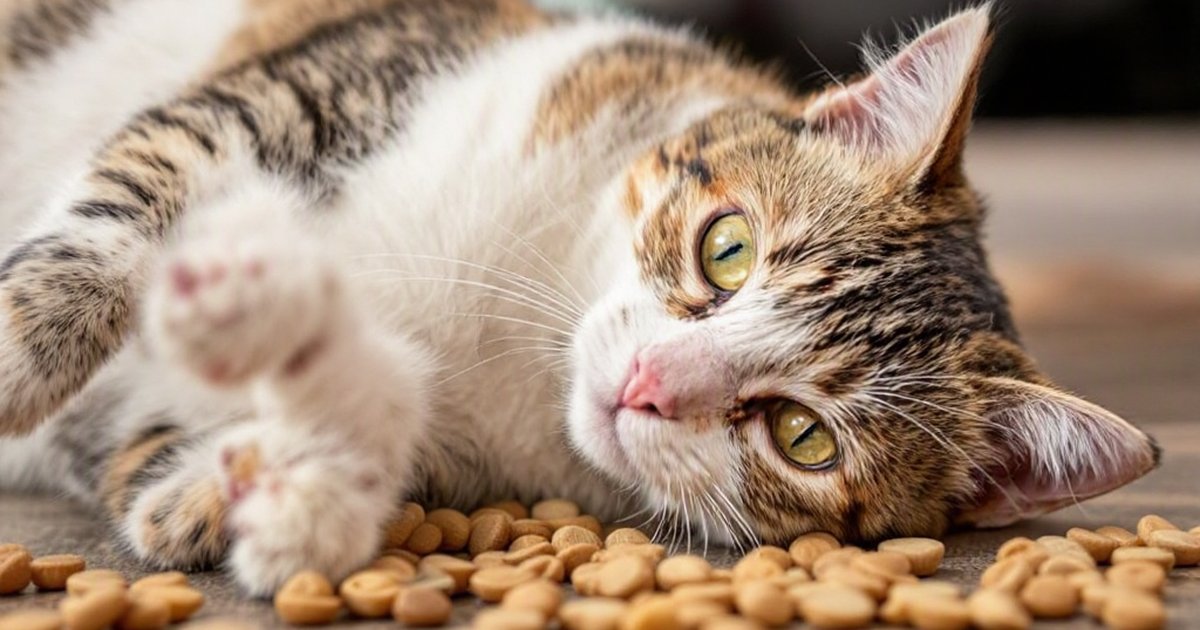 Bowl of chicken-based dry cat kibble on a kitchen counter with a curious tabby cat nearby