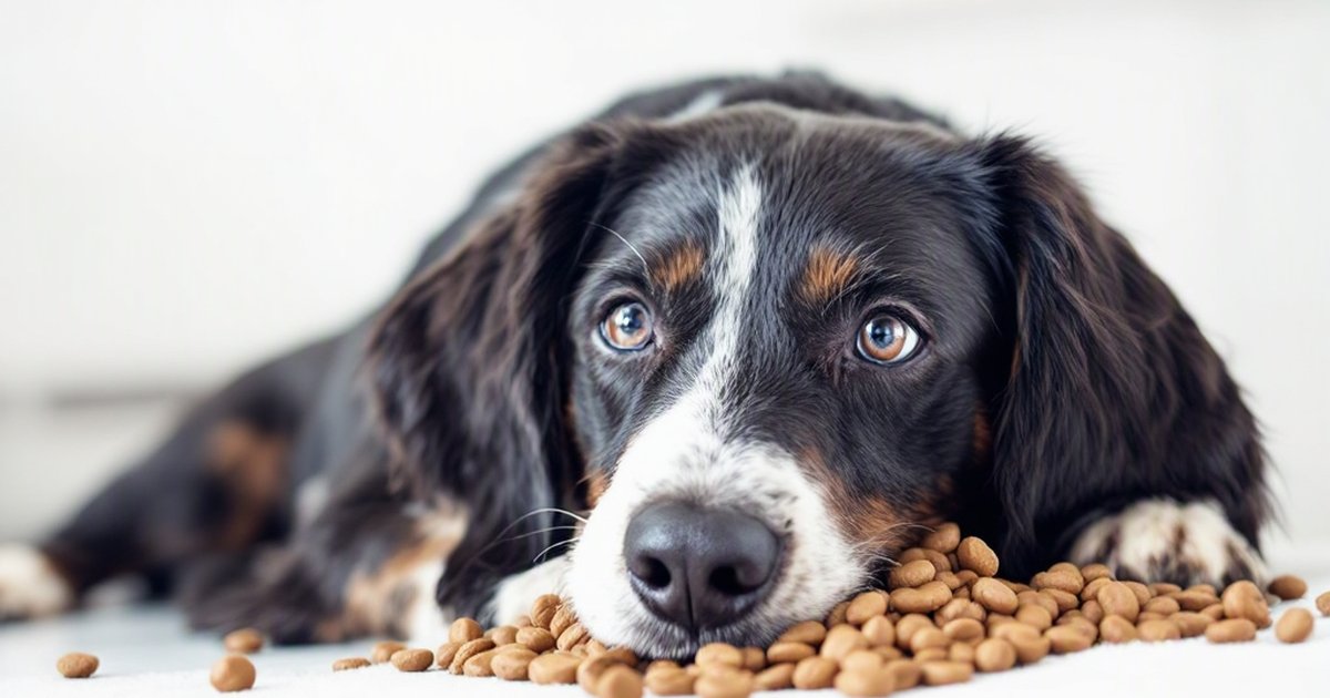 Beagle eating from a bowl of dog kibble, representing alternative protein nutrition research