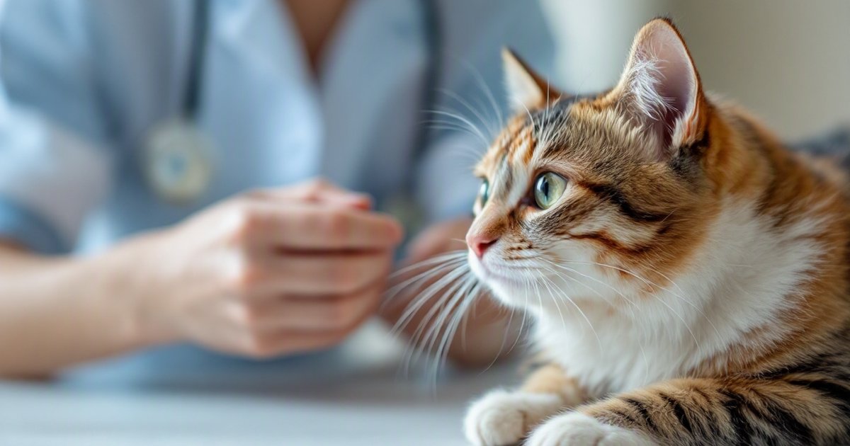 A calm cat being examined at a vet clinic, illustrating how pheromone spray may ease feline vet visit stress
