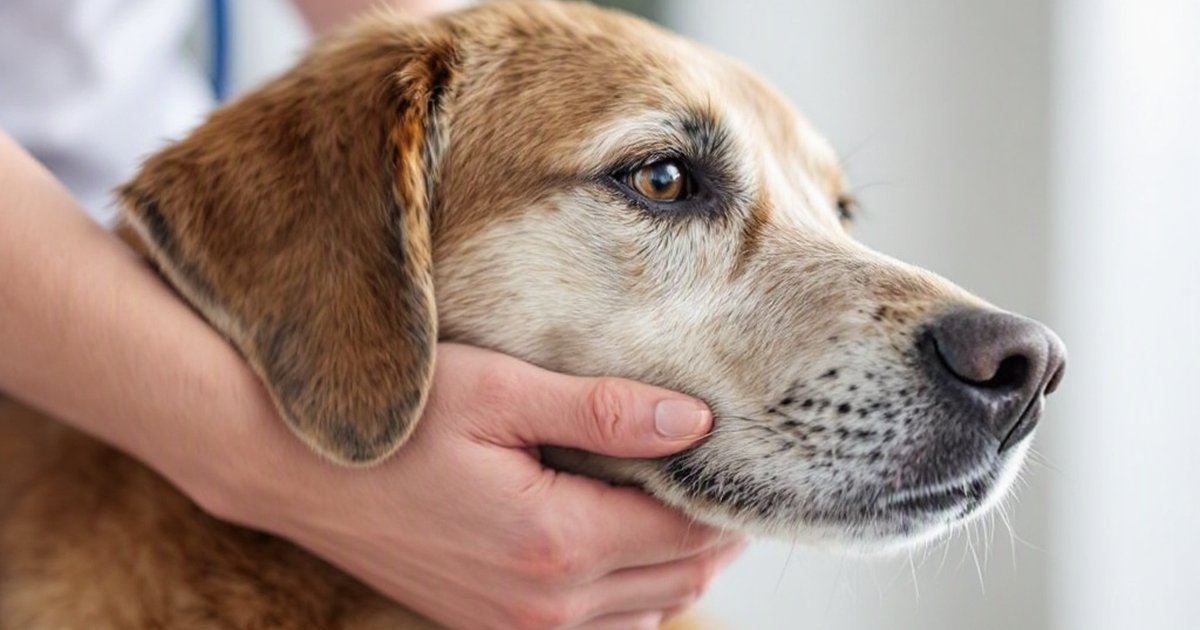 Veterinarian examining an older dog's joints while owner watches, discussing arthritis treatment options