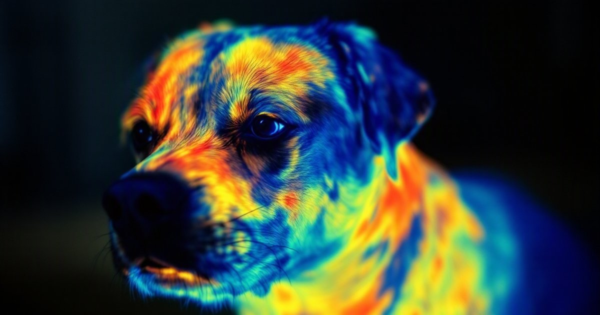 Thermal camera scanning a shelter dog's eye to measure body temperature noninvasively, veterinary technology