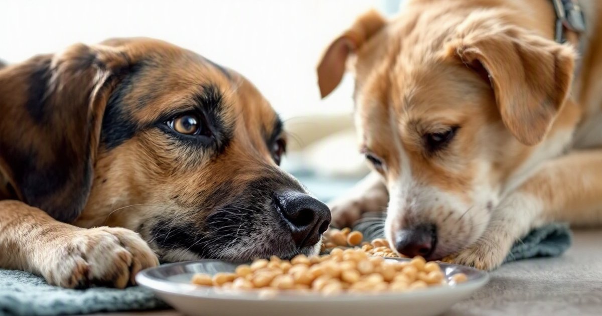 Itchy dog scratching its skin beside a food bowl, showing signs of a food allergy reaction
