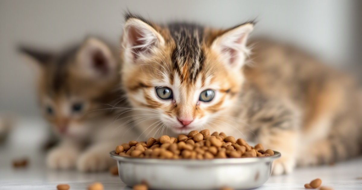 Healthy kitten eating from a bowl, illustrating kitten nutrition research on yeast-derived nucleotides and digestion