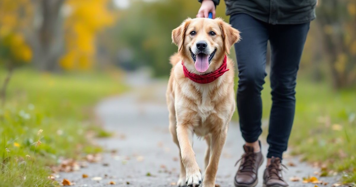 Senior dog walking slowly with owner observing its stride, illustrating canine cognitive decline gait changes