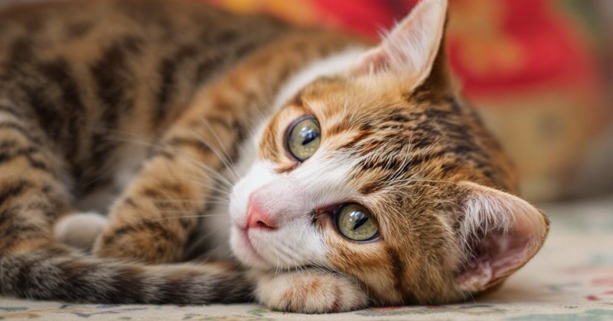 A healthy tabby-and-white cat lying on a patterned surface and looking toward the camera