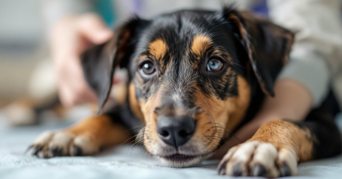 A young black-and-tan dog resting its head on a light-colored surface while a person's hand gently pets it
