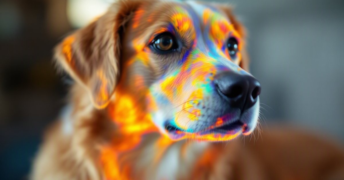 Close-up of a dog's head with a false-color thermal overlay illustrating coat and body region effects on thermal readings