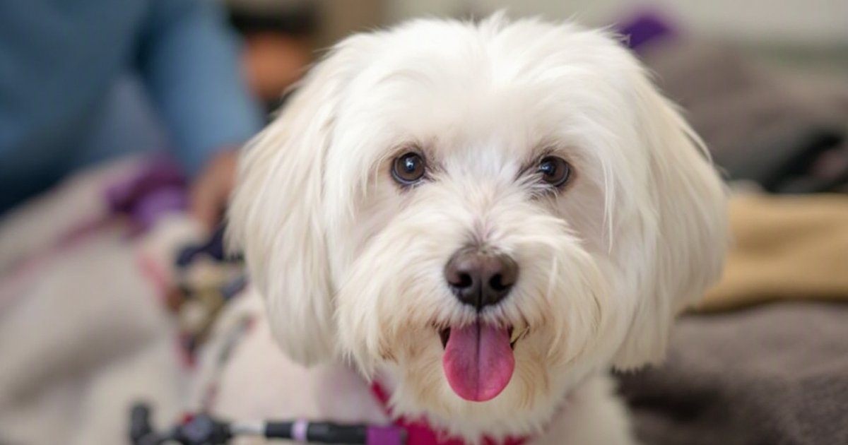 Senior Maltese dog resting at a veterinary oncology clinic, representing chemotherapy treatment for rare colorectal cancer