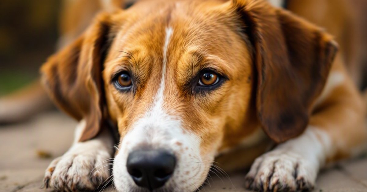 Short-coated, floppy-eared hound dog resting with its head on its front paws, illustrating taurine nutrition research