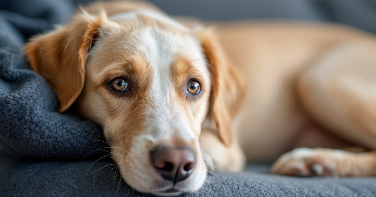 A tan-and-white dog resting on a dark blanket, representing a serious canine leukemia case