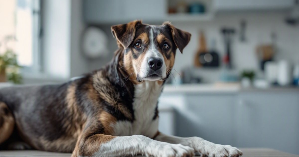 Dog resting calmly during TPLO knee surgery recovery, with owner monitoring progress remotely