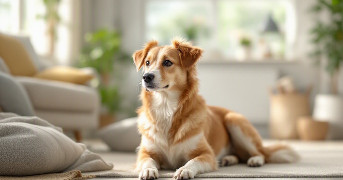 A calm tan-and-white dog lying on a rug in a bright indoor living room