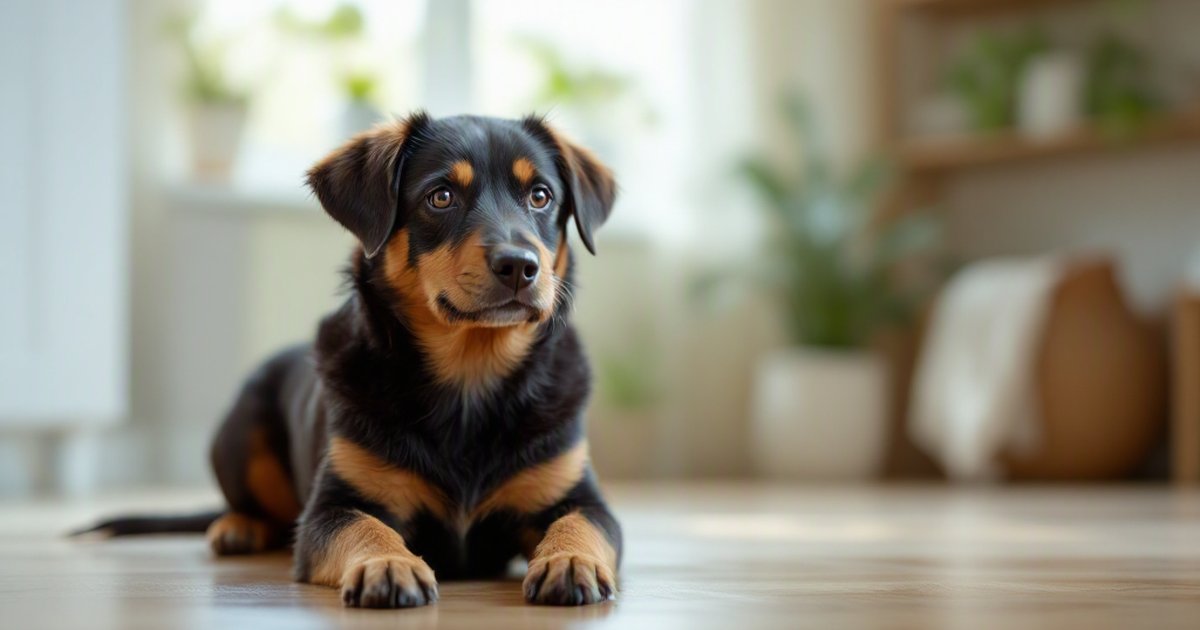 Black-and-tan dog lying on a wooden floor in a bright living room with houseplants and a shelf.