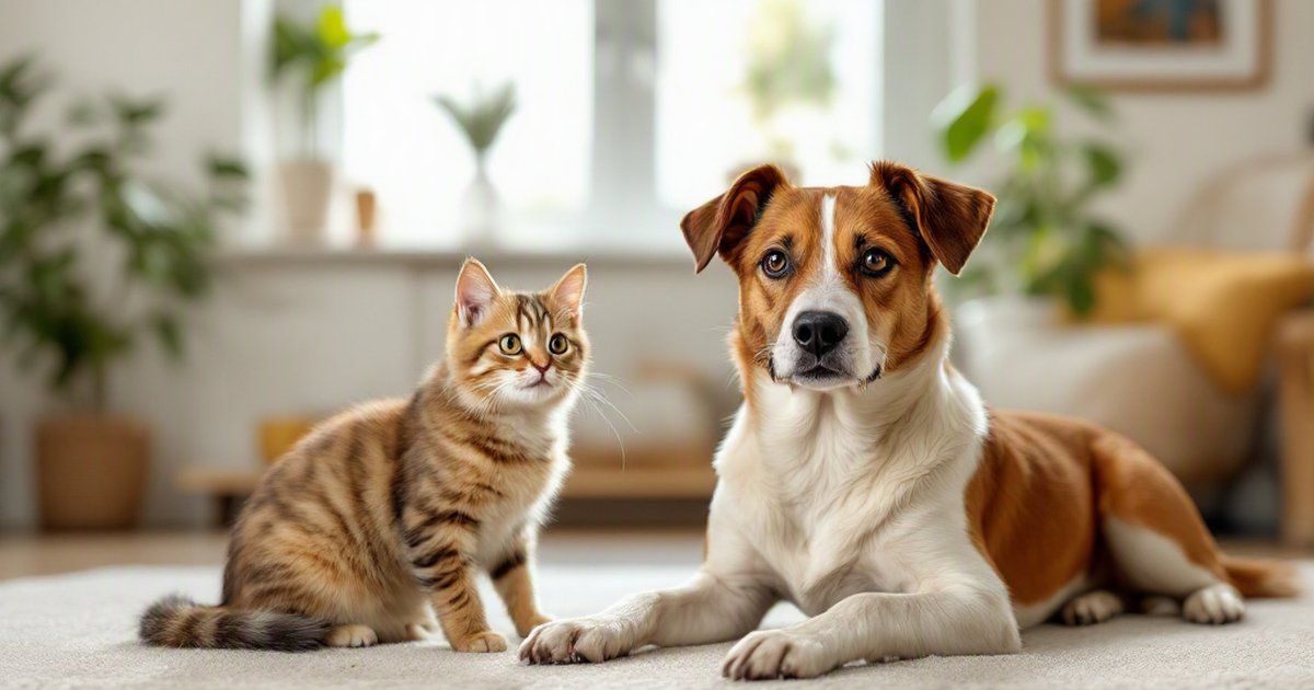 A well-groomed dog and cat sitting together on a carpet in a bright living room