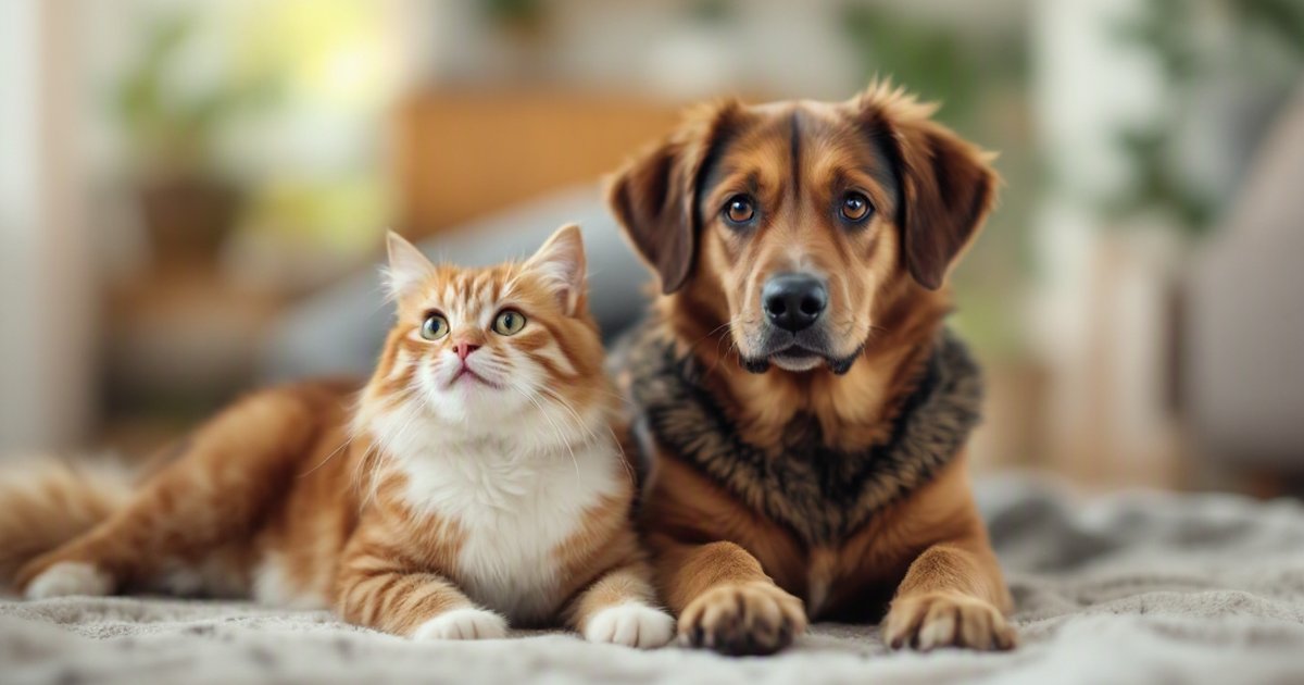 Calm orange-and-white cat and brown dog resting together indoors