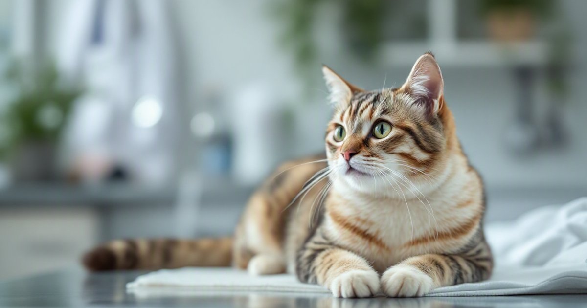 A tabby cat resting on a towel on an exam surface in a bright clinic-like room