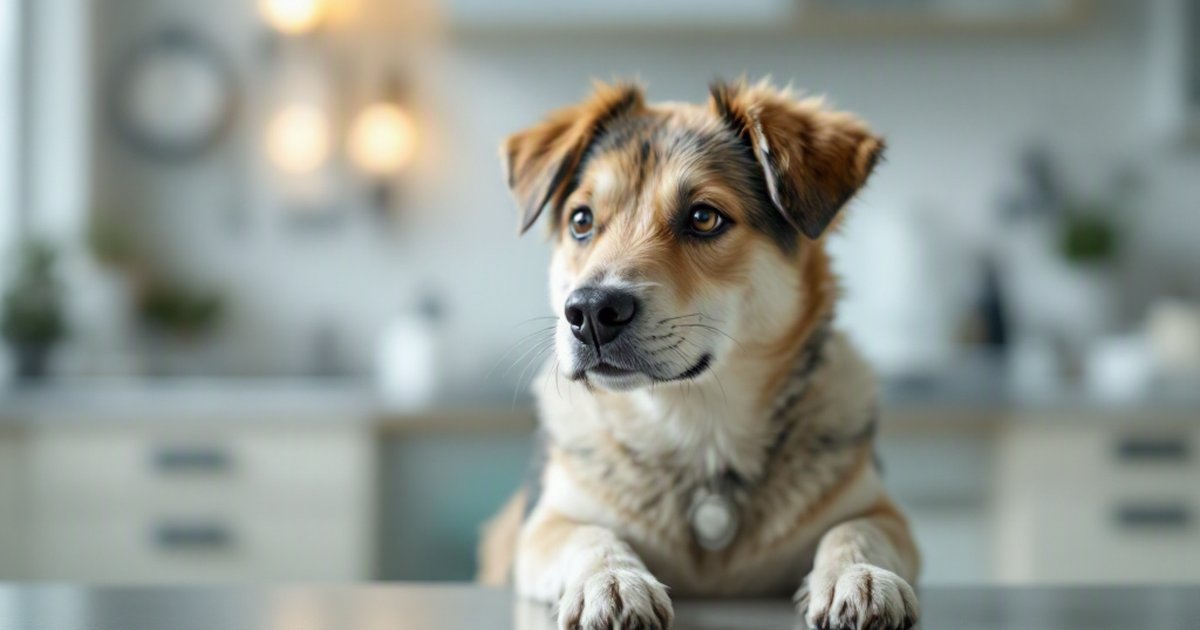 Healthy dog resting its front paws on a counter in a bright home kitchen
