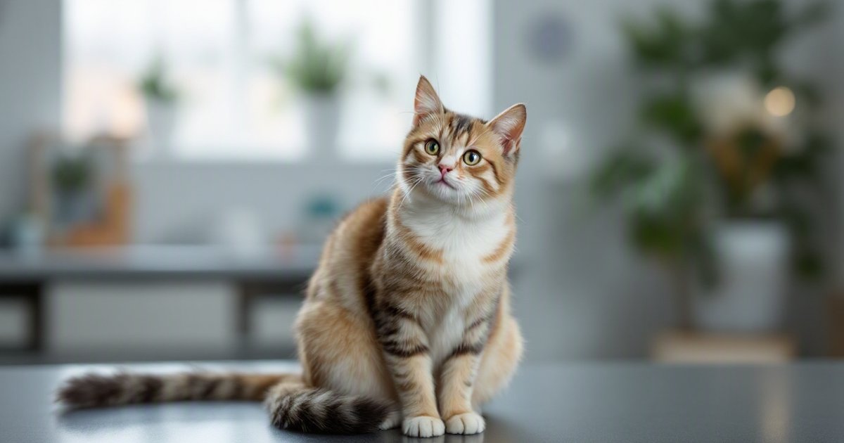 Calm seated cat in an indoor clinic-like setting, looking toward the camera