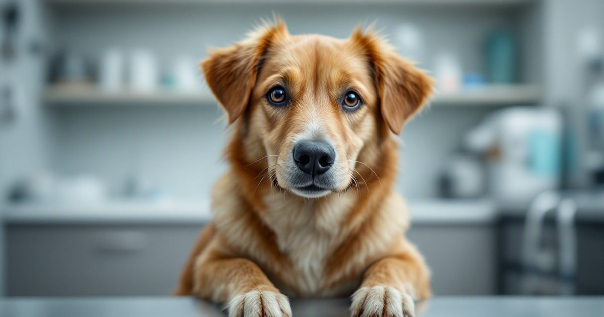 Golden tan retriever-type dog resting in a clinic-like setting