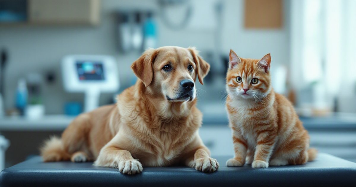 A dog and cat posed together on a veterinary exam table with blurred clinic equipment in the background