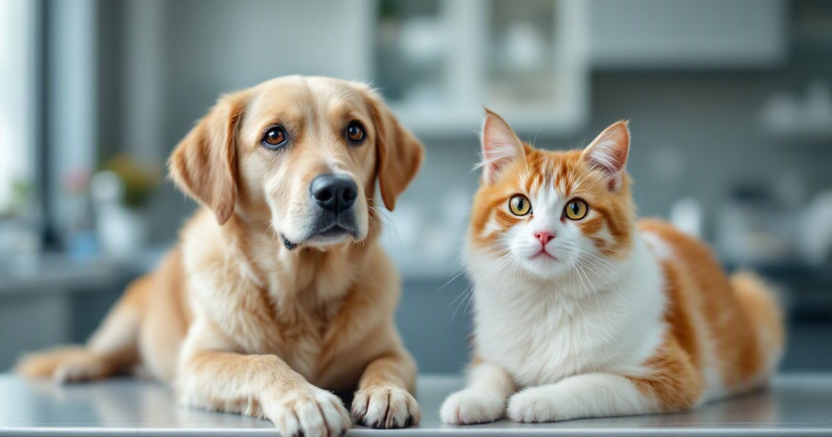 Dog and cat resting on a clinic-like table for an airway foreign body article