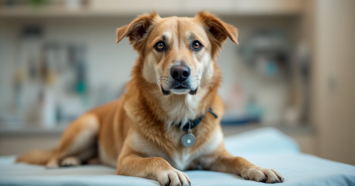 A tan and golden dog lying on a padded table in a clinic-like room