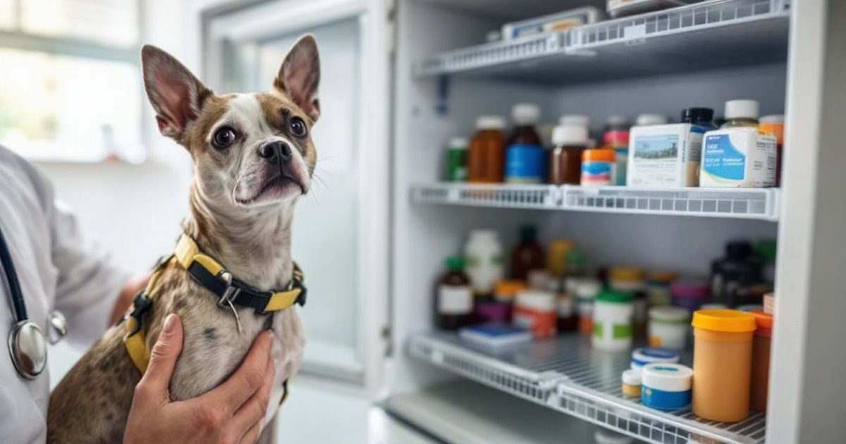 A dog with a veterinary professional standing beside a medicine cabinet in a clinic