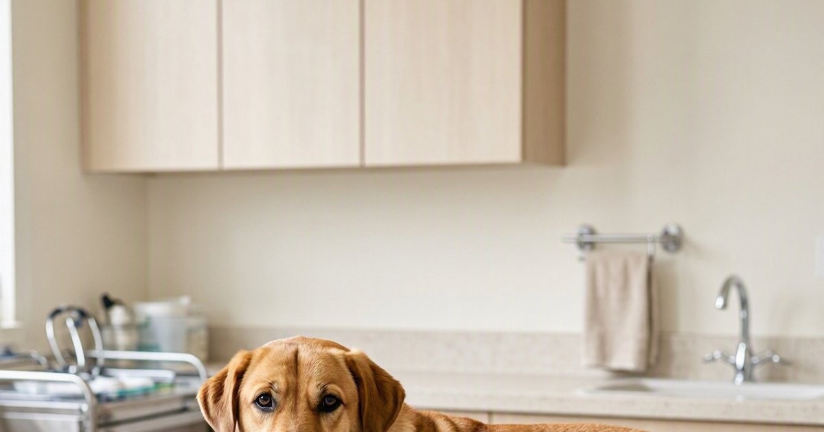 A veterinarian gently examining the hindlimb muscles of a medium-sized dog on an exam table
