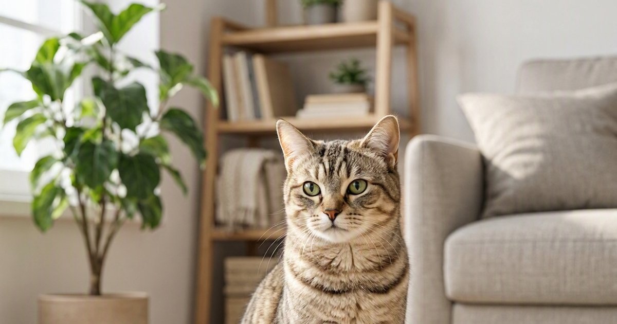 A tabby cat sits in a bright living room beside a sofa, bookshelf, and potted plant.