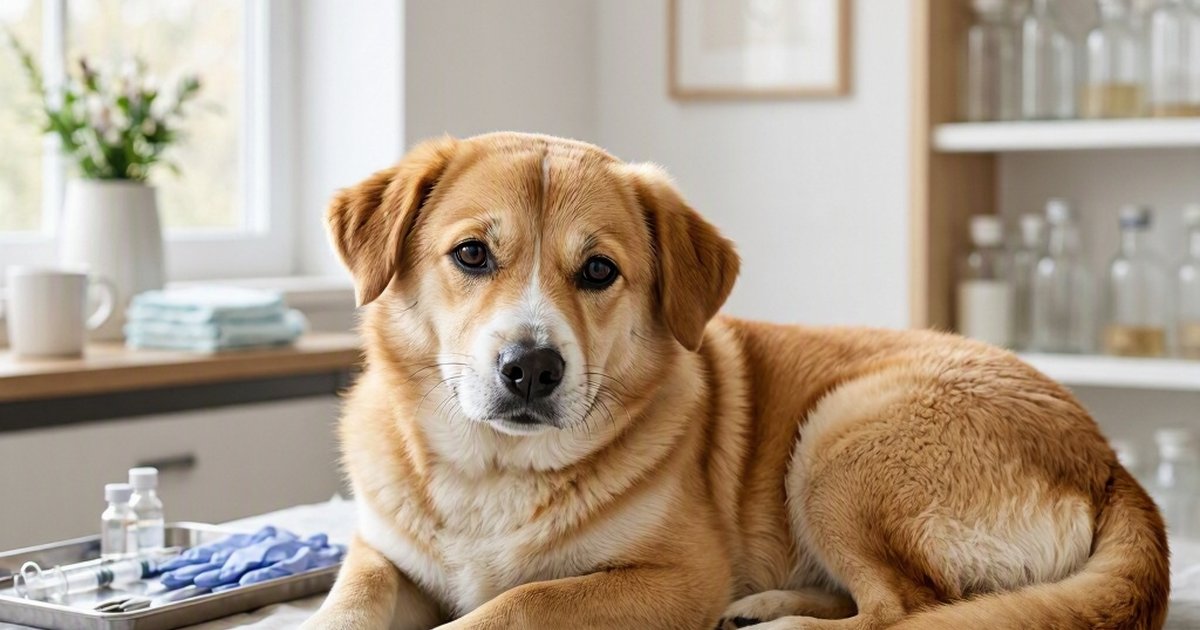 A tan and white dog lies on a table beside medical bottles, a tray, and blue gloves.