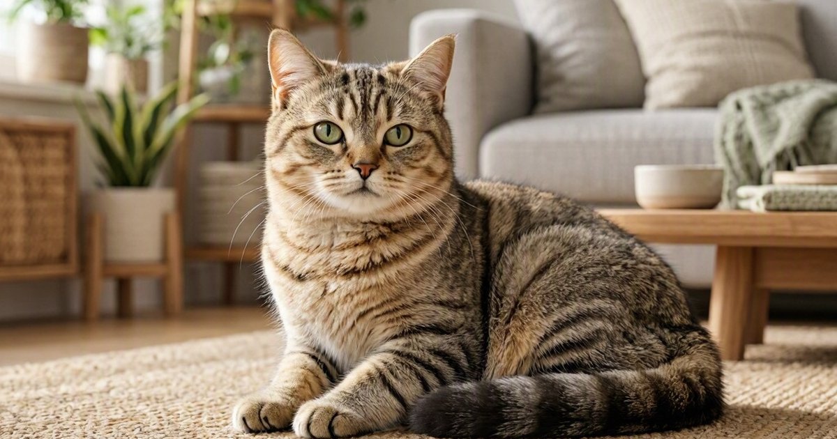 A tabby cat sits on a rug in a living room, with a sofa, coffee table, and potted plants behind it.