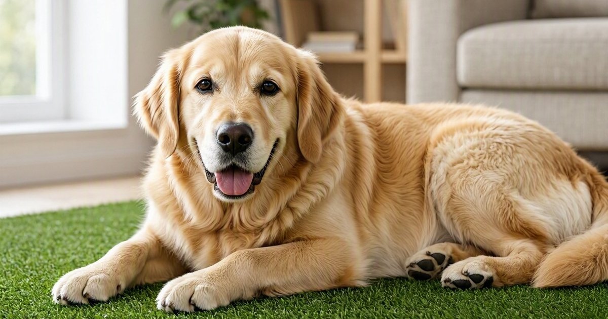 Golden retriever lying on green carpet indoors, facing the camera with its mouth open.