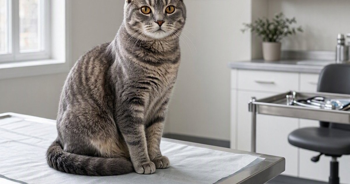 Gray tabby cat sitting on a covered examination table in a bright room with a stool and equipment.