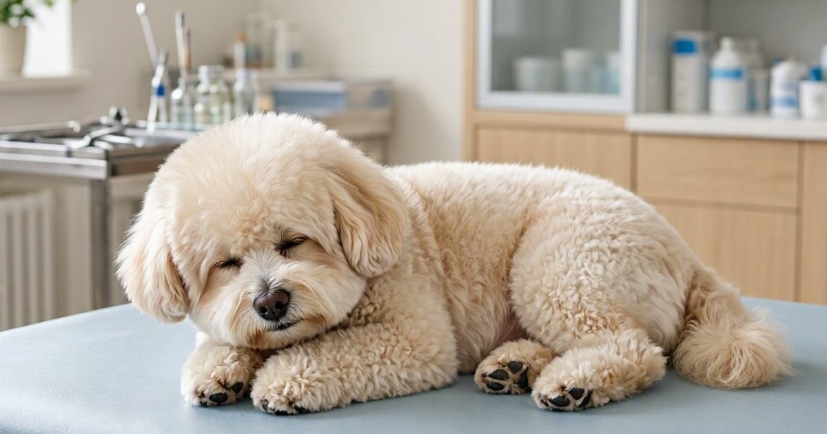 Small fluffy cream-colored dog sleeping on a light blue examination table in a clinic room.