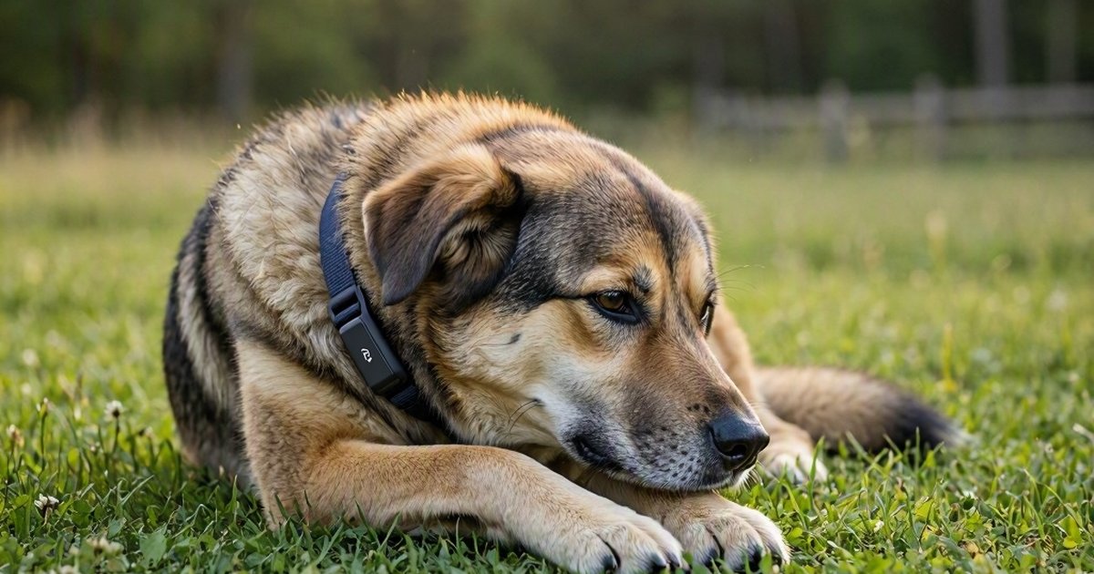 A tan and black dog wearing a collar lies on green grass outdoors.
