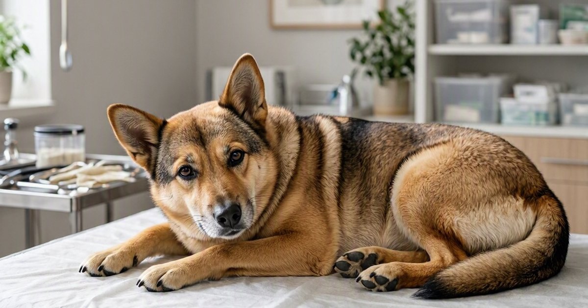 A tan and black dog lies on a white-covered examination table in a veterinary clinic.