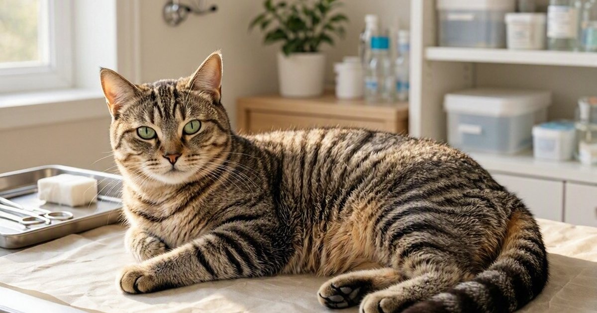 Striped tabby cat lying on a paper-covered examination table in a bright room.