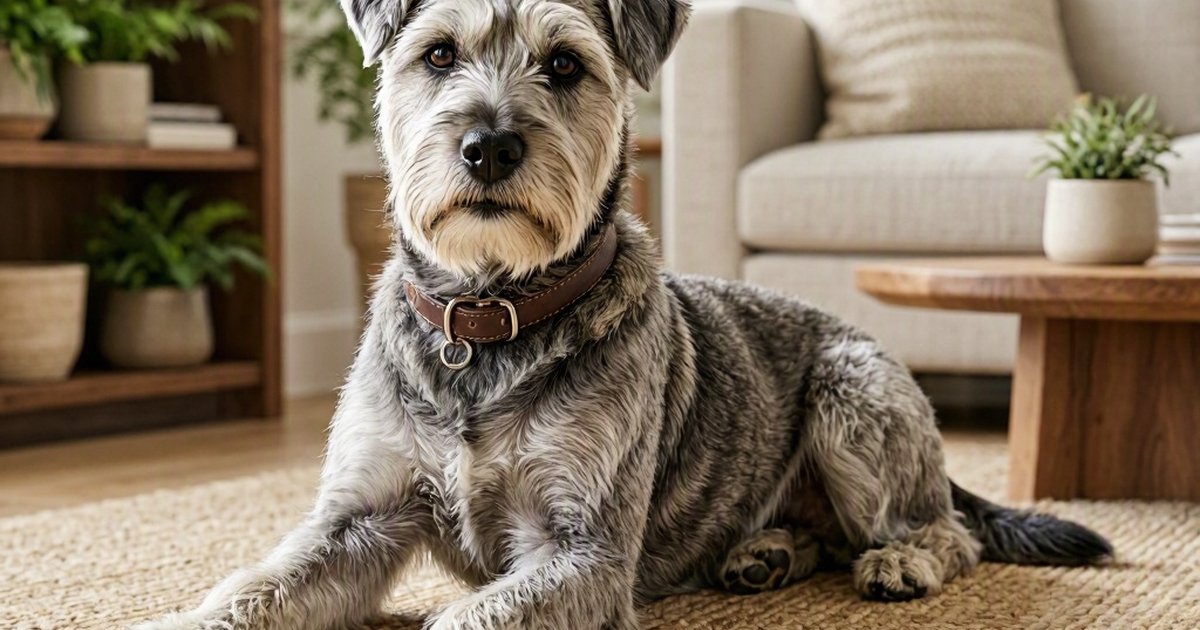 Gray and white dog wearing a brown collar, lying on a rug in a living room.