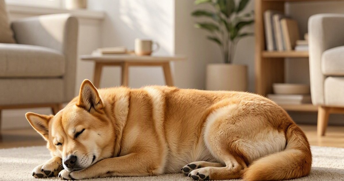A tan dog sleeping curled up on a rug in a warmly lit living room.
