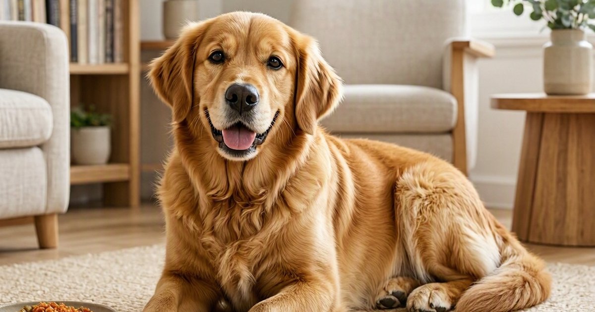 Golden retriever lying on a rug in a living room, facing the camera with its mouth open.
