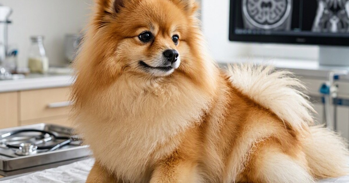 Fluffy orange-and-cream dog sitting on an examination table in a veterinary clinic.