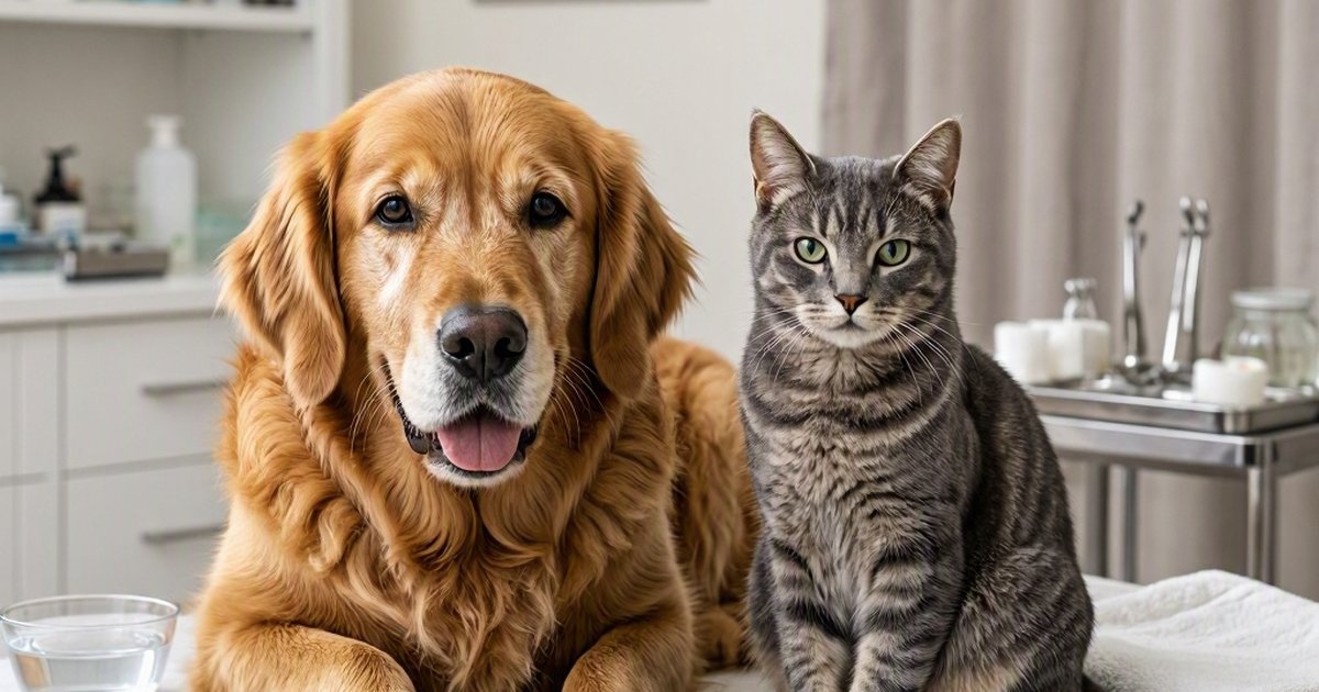 Golden retriever and gray tabby cat sitting together indoors.
