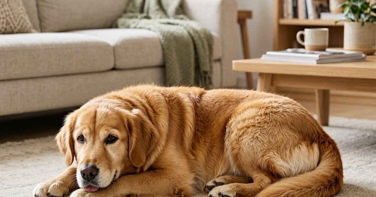 Golden retriever lying on a rug in a living room beside a sofa and coffee table.